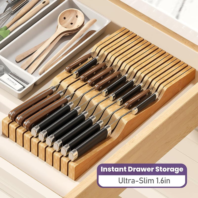 Wieghda Bamboo In-Drawer Knife Block for 19 Knives(Not Included), Knife Drawer Organizer,Knife Holder Countertop,Block Knife Storage Organizer for Kitchen - Image 5